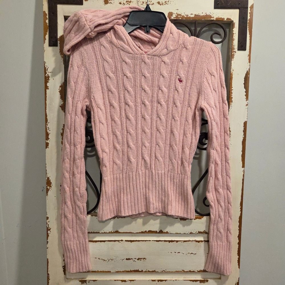 Vintage Y2K Abercrombie & Fitch Pink Cable Knit Angora Blend Hooded Sweater M